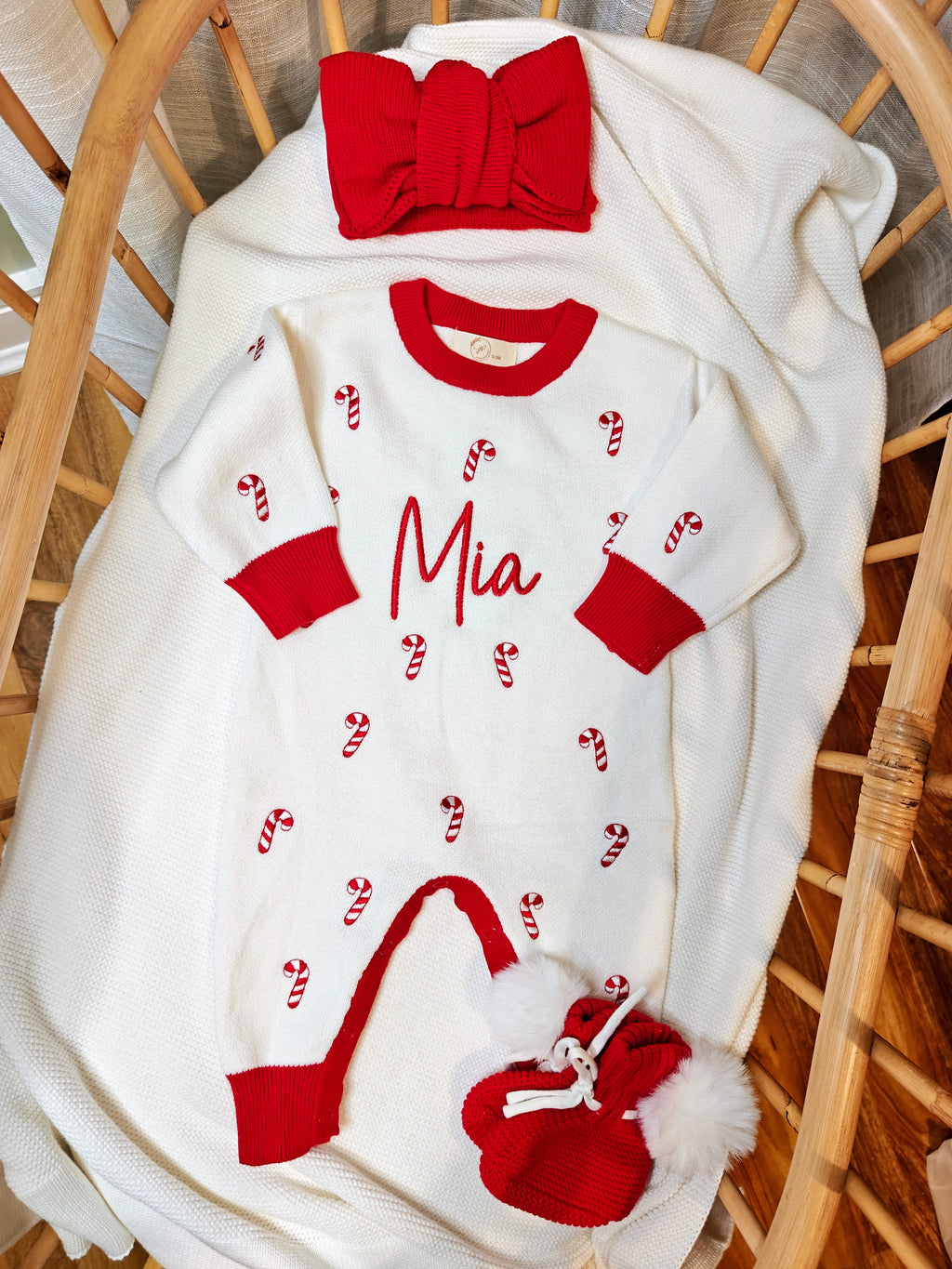 red trim & candy cane romper, hat & bootie bundle