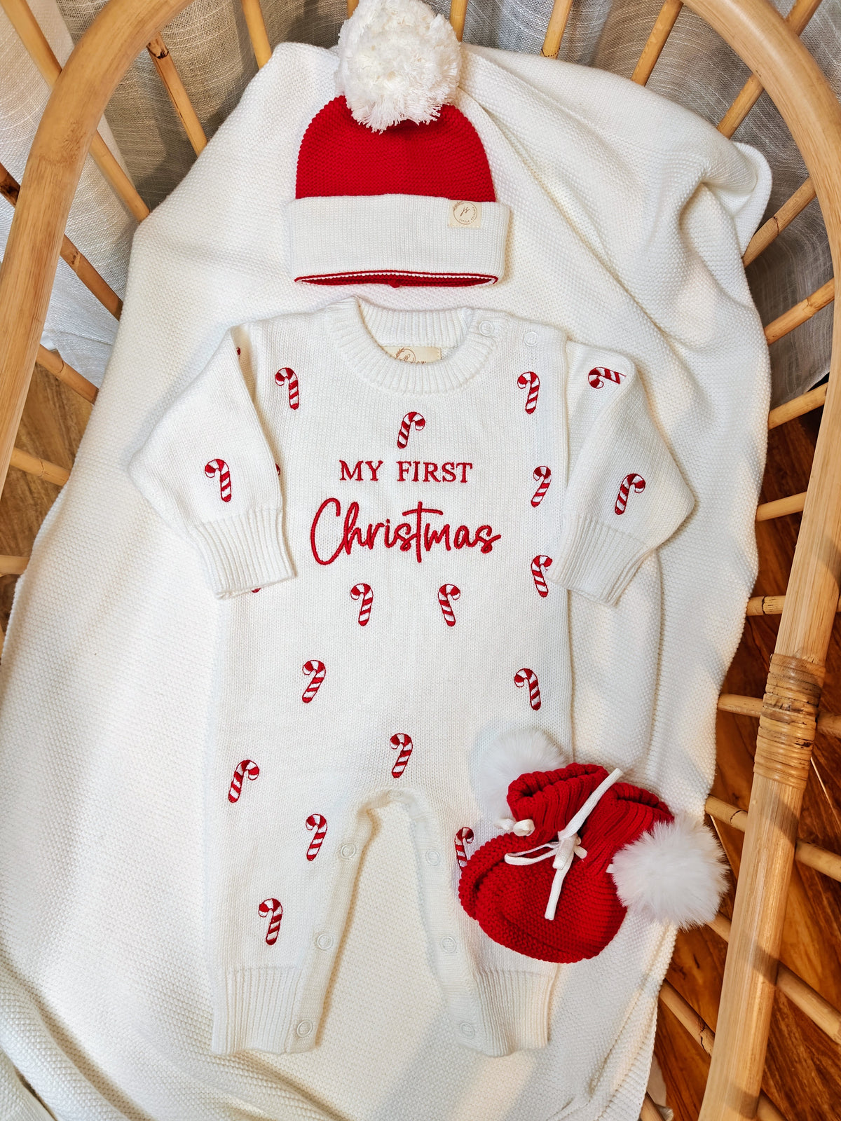 candy cane romper, hat & bootie bundle