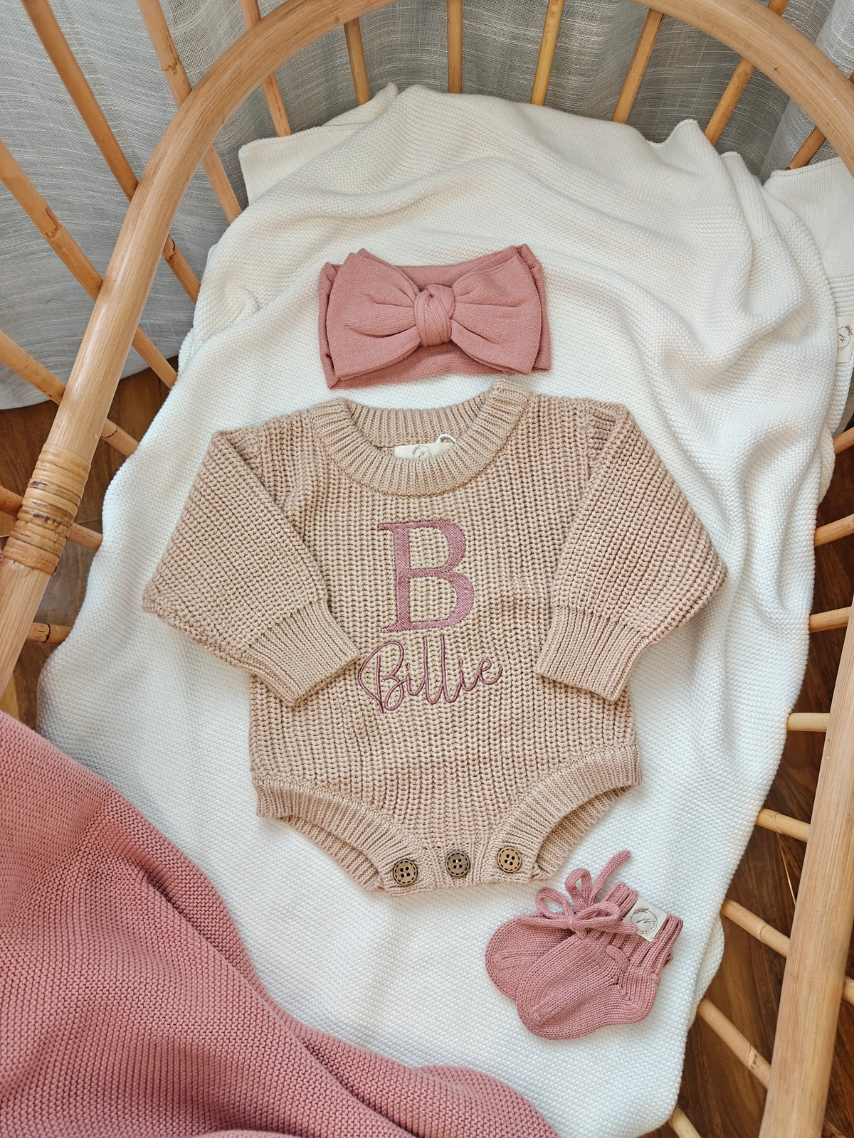 Initial Romper, Hat/Headband and Booties