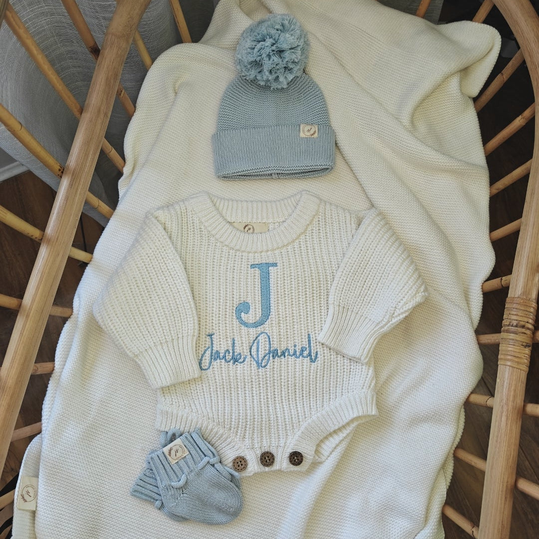 Initial Romper, Hat/Headband and Booties